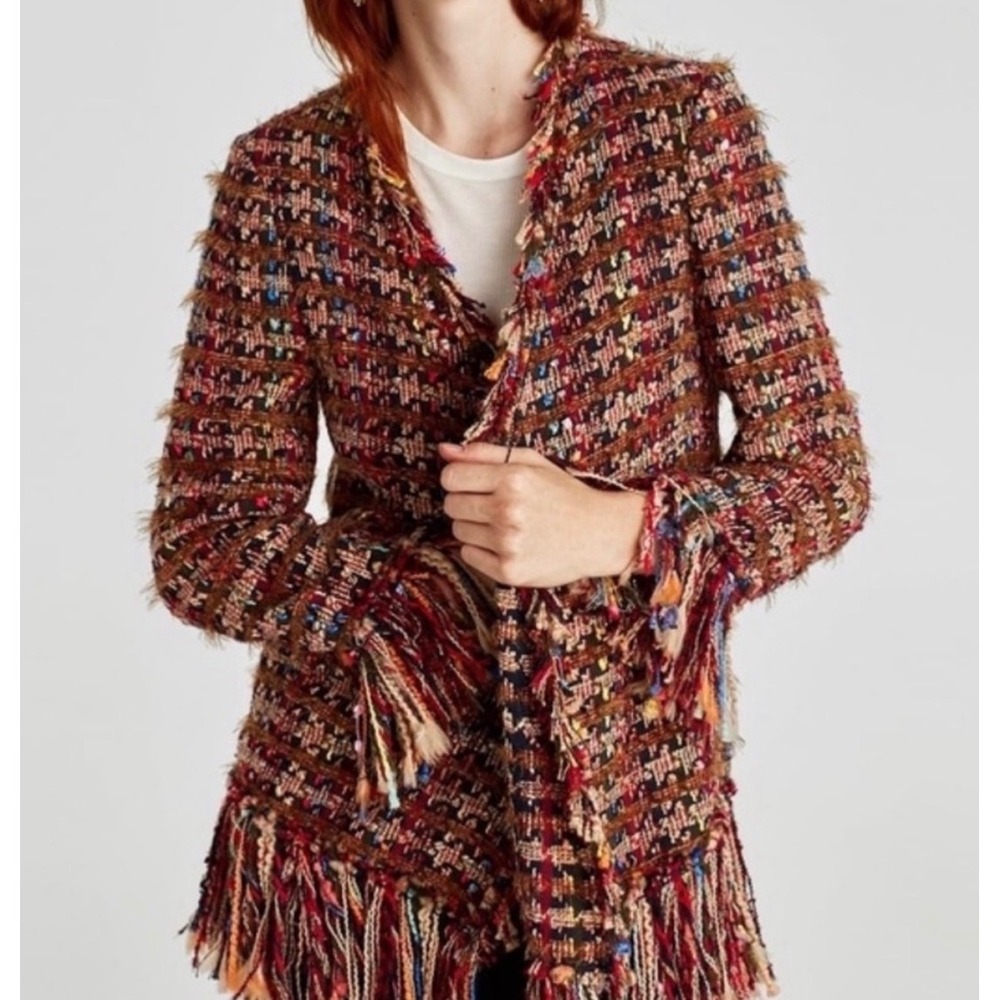 Zara Tweed Jacket Women Large Multicolor NWT Fringe Open Front Boho Chic Blazer - Picture 1 of 9